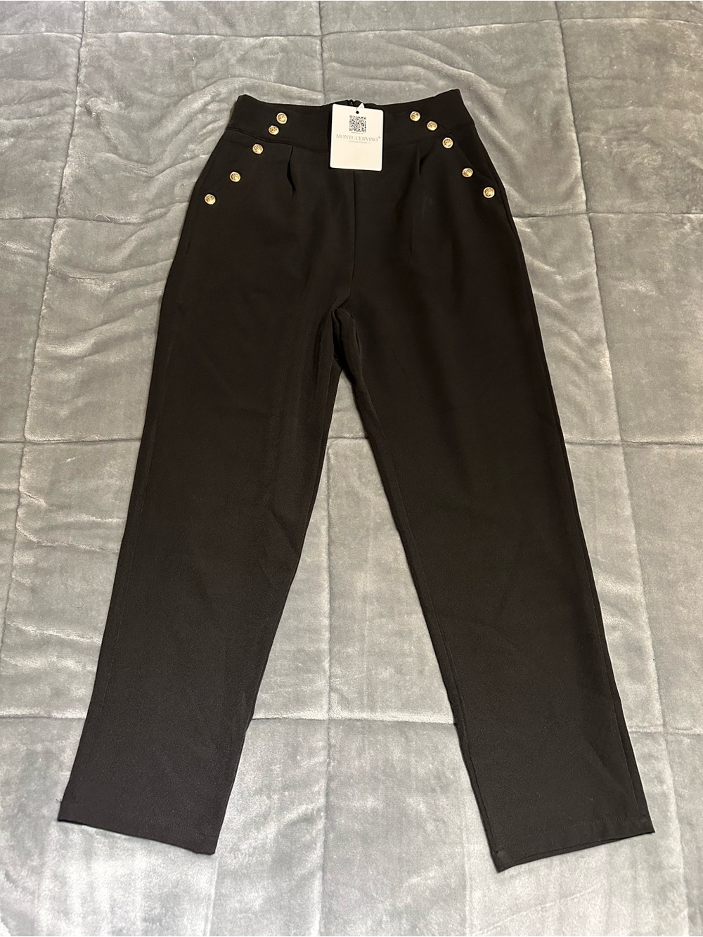 High-Waist Black Women’s Trousers with Gold Button Detail
